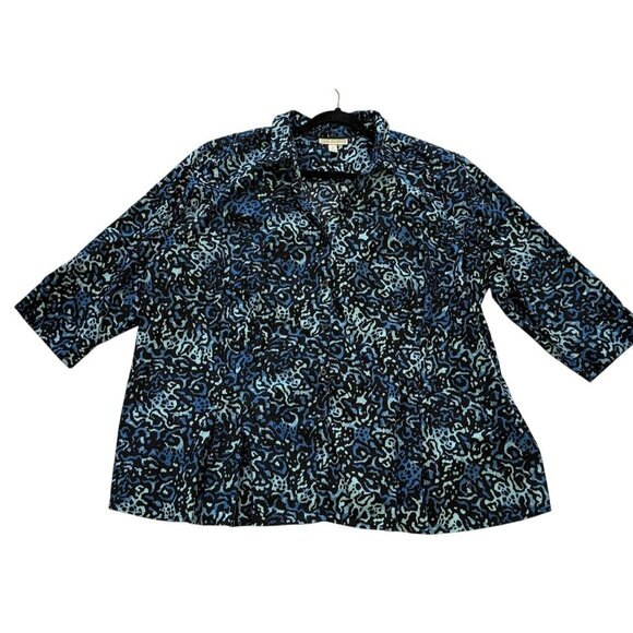 Dana Buchman Womens 3X BlueBlack Abstract Print 3/4 Sleeve Button Blouse Office - Picture 1 of 7